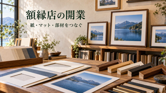 架空の額縁店に並ぶ木製フレームとマット見本、紙・マット・部材をつなぐという表紙