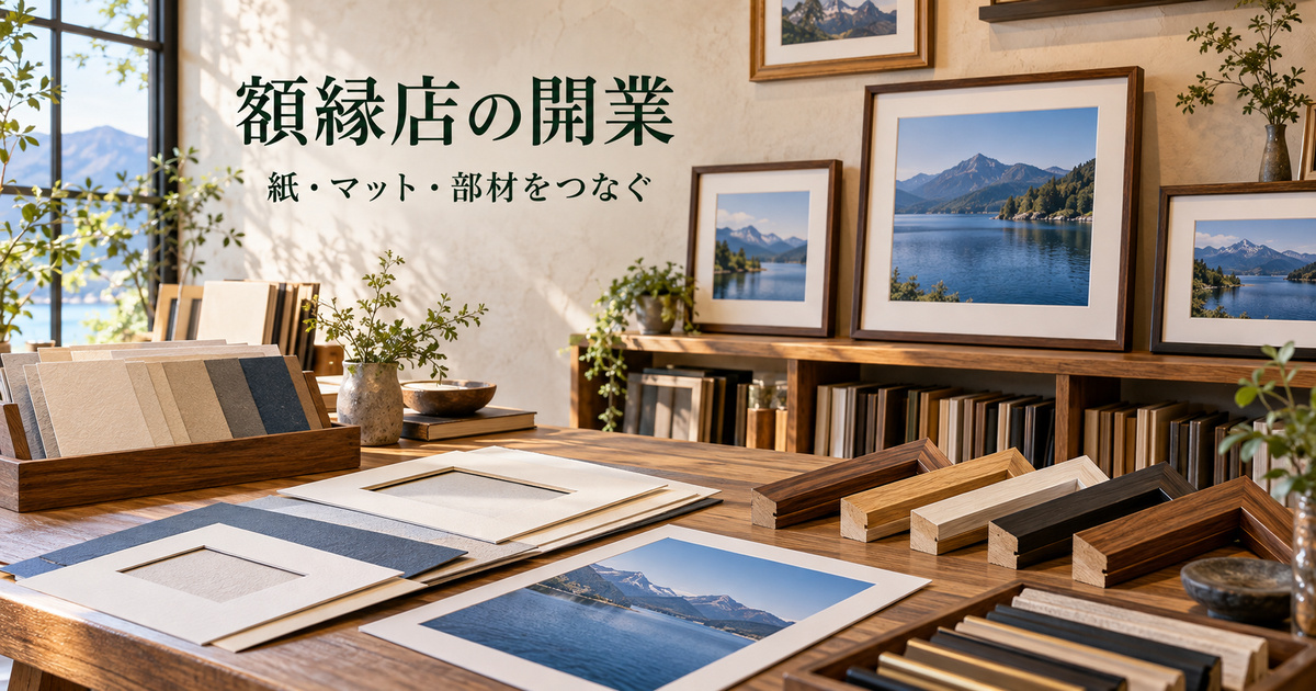 架空の額縁店に並ぶ木製フレームとマット見本、紙・マット・部材をつなぐという表紙