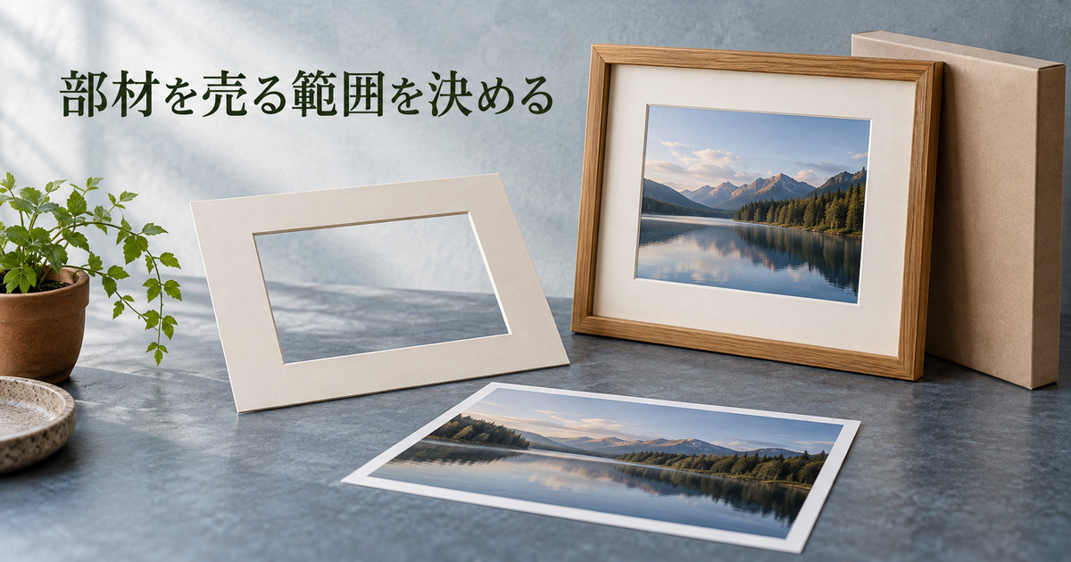 新品の額と別のマット、架空の写真見本を分けて置き、販売する部材の範囲を示す場面