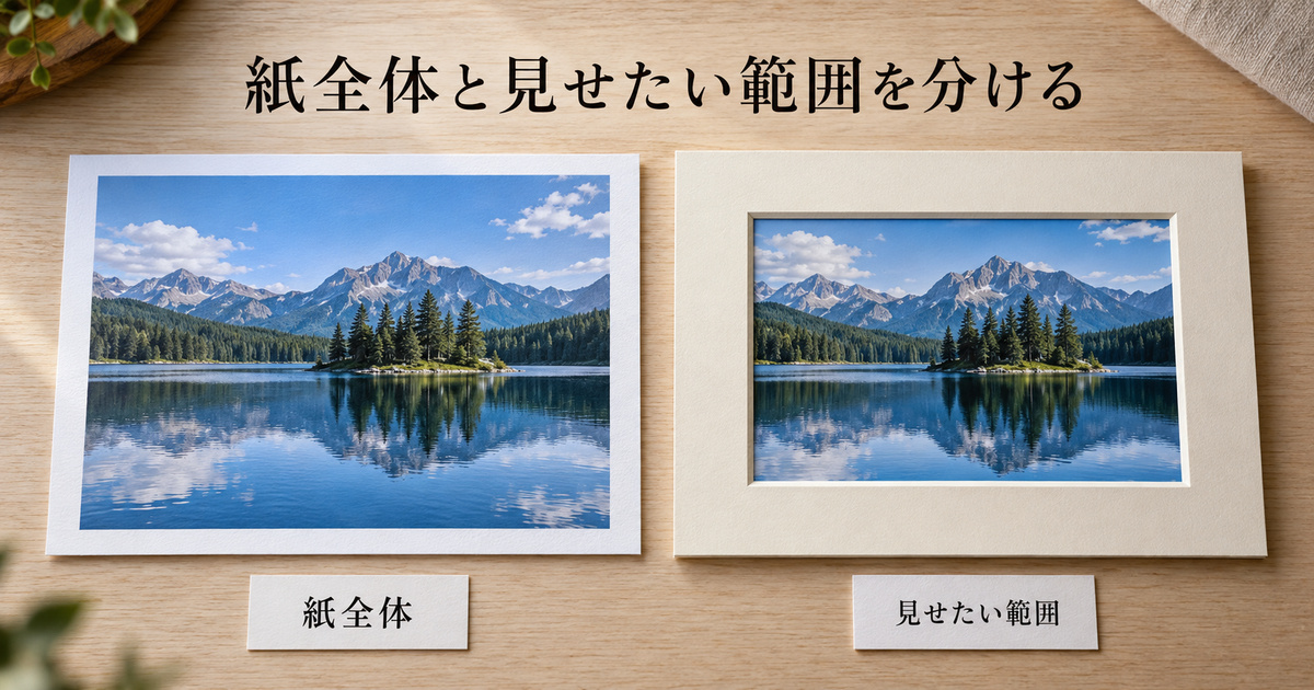 同じ架空の風景写真の紙全体と、別置きのマット窓から見える範囲を並べた比較