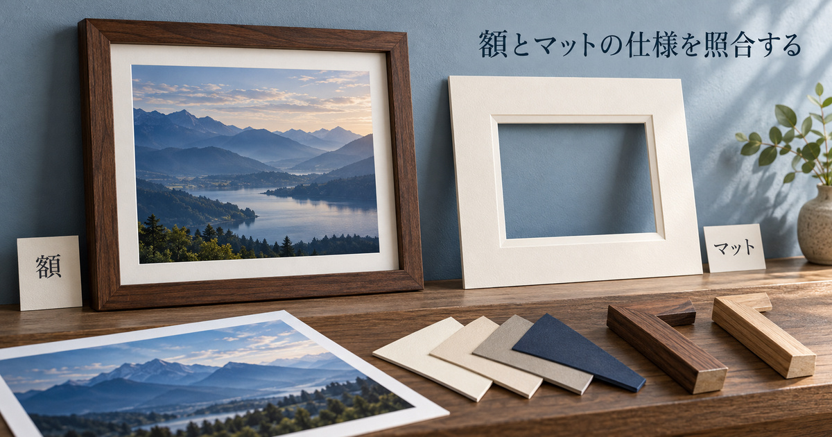 木製額と窓のあるマット、色と素材の見本を並べ、別々の部材仕様を照合する場面
