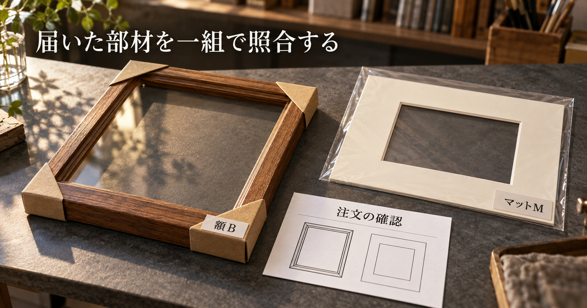 別々に届いた額BとマットMを、注文の確認カードと対応させた架空の入荷照合