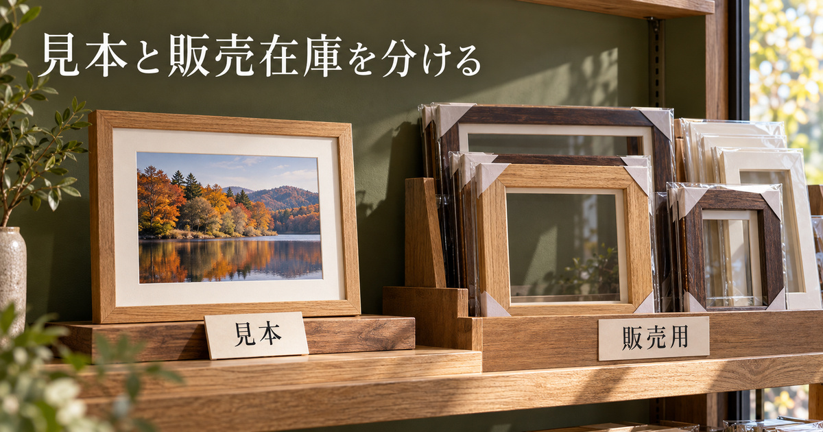 架空の店内で展示見本と保護された販売用額縁を、別の場所と札で分けた場面