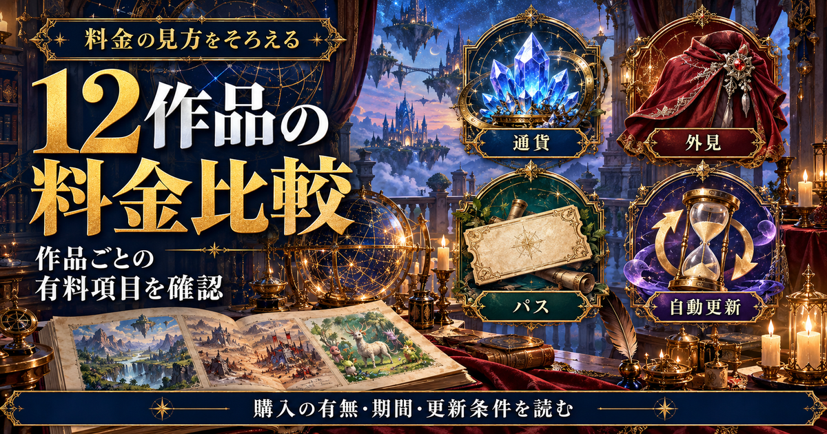 12作品の料金比較で通貨・外見・パス・自動更新を確認するイメージ