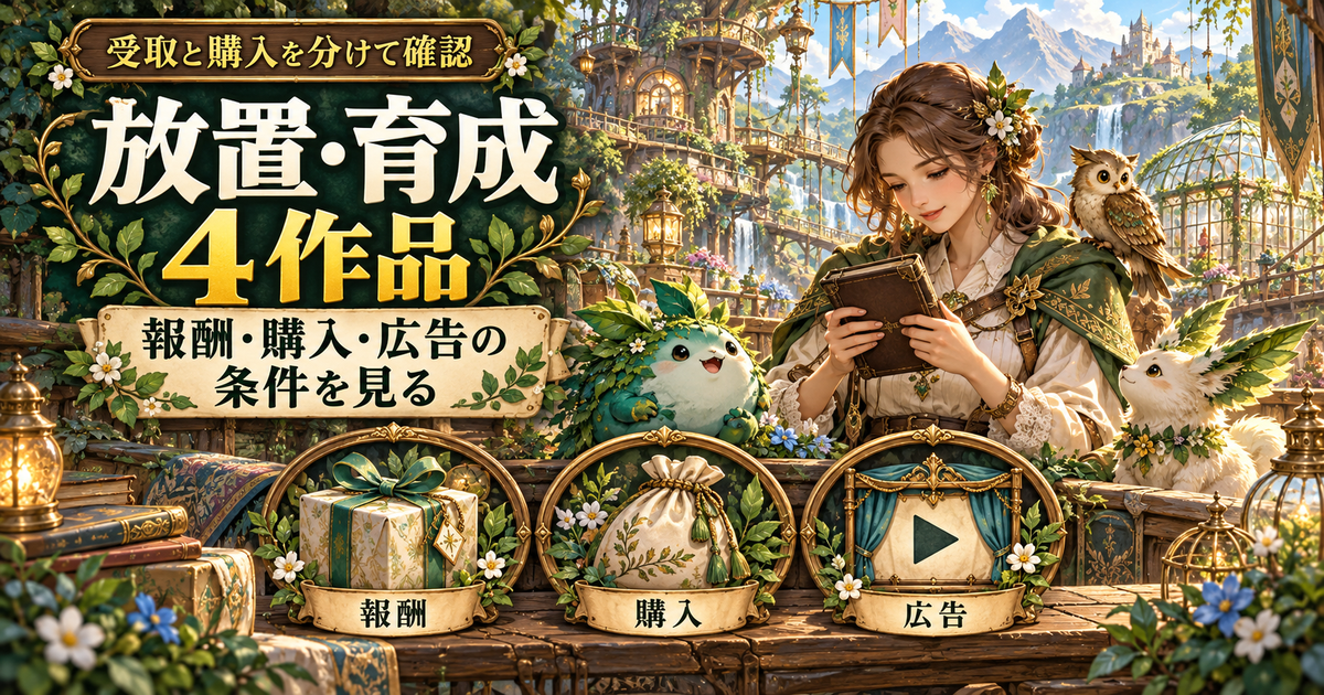 放置・育成4作品の報酬の受取と購入・広告の条件を確認するイメージ