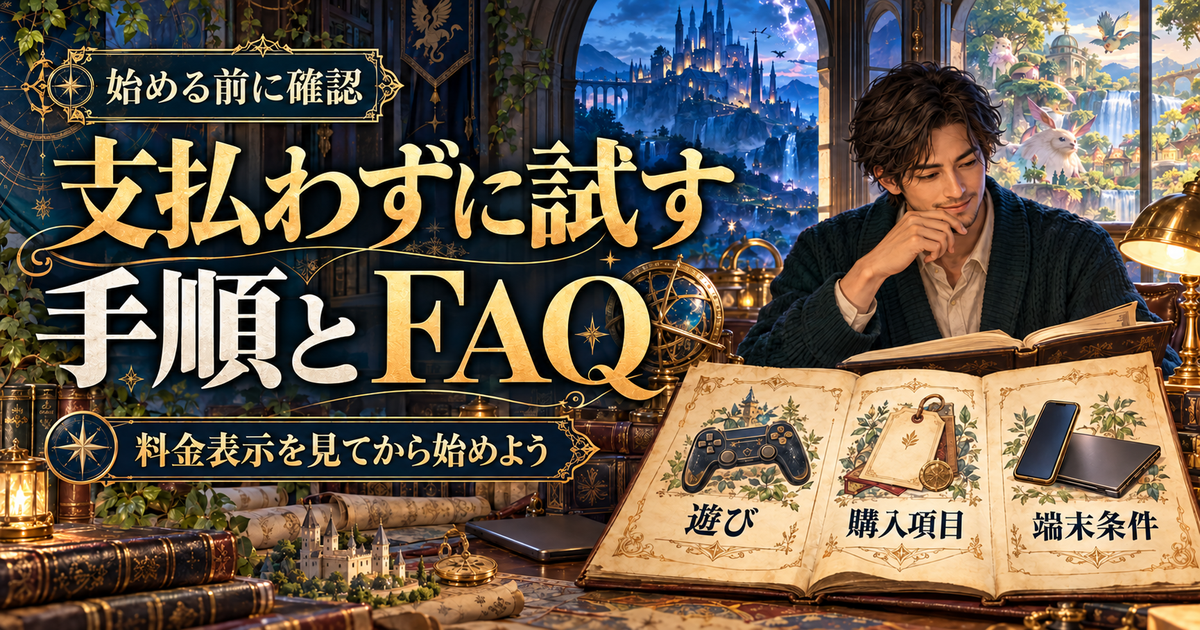 支払わずに試す手順とFAQとして遊び・購入項目・端末条件を確認するイメージ