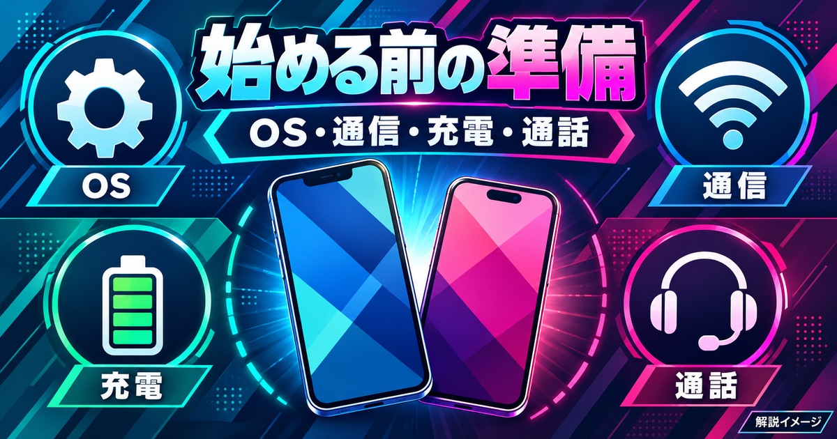 OS・通信・充電・通話を遊ぶ前に準備する図