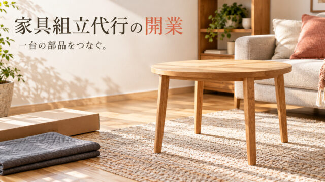 小型の木製テーブルと新品の梱包を置いた、家具組立代行の開業記事の架空の表紙