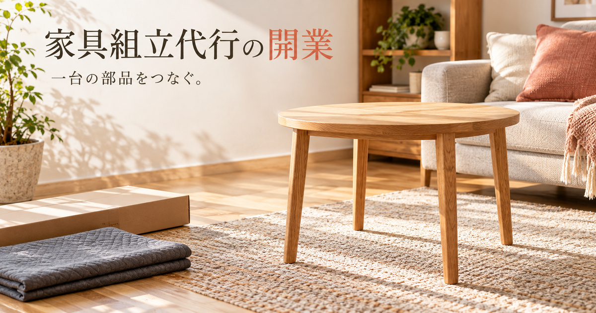 小型の木製テーブルと新品の梱包を置いた、家具組立代行の開業記事の架空の表紙