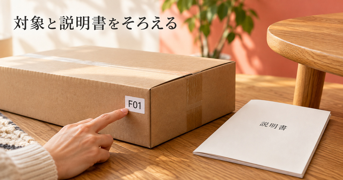 F01と書かれた架空の梱包表示と説明書を一緒に確認する手元のイメージ