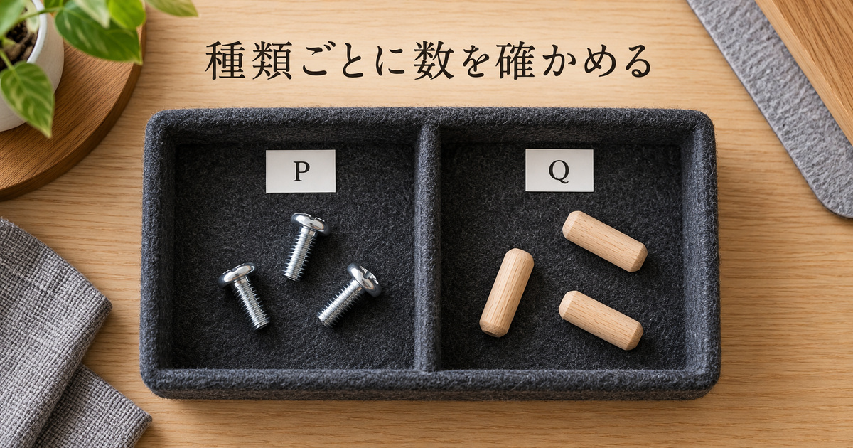 架空の部品PとQを三個ずつ別の区画に置いた、種類ごとの照合を示すイメージ