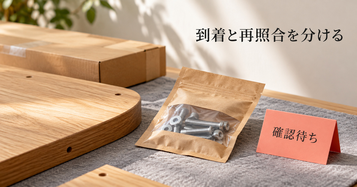 届いた部品の閉じた包装に確認待ちの札を添えた、再照合前を示す架空のイメージ