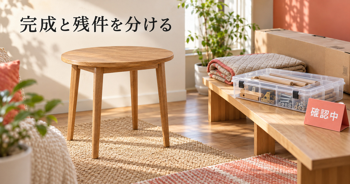 小型テーブルと確認中の部品箱を分けて置き、引渡し前の確認を考える架空の場面