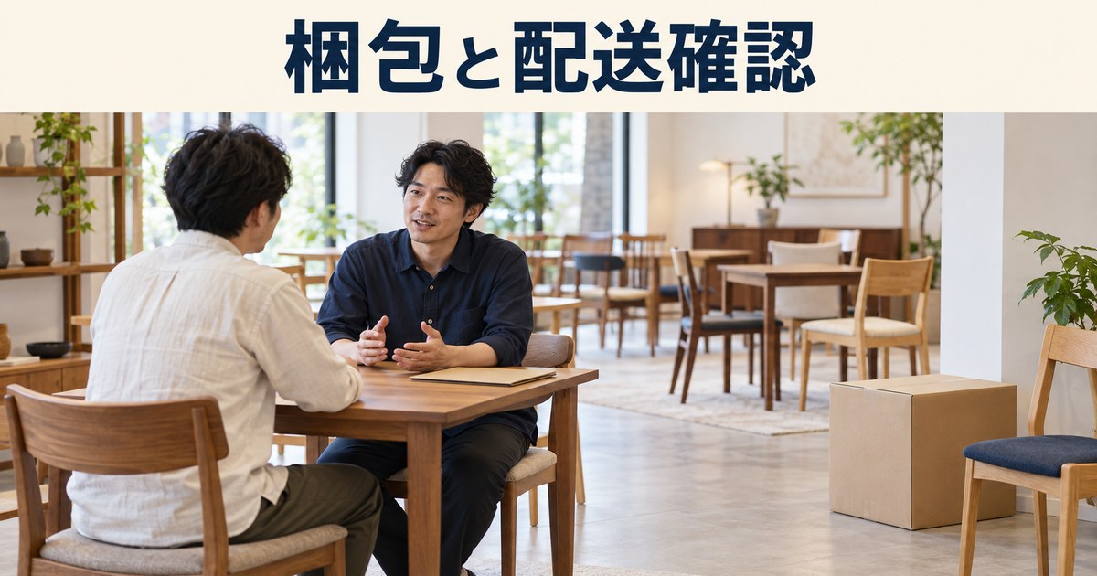 店主と成人客が家具の配送条件を相談するイメージ