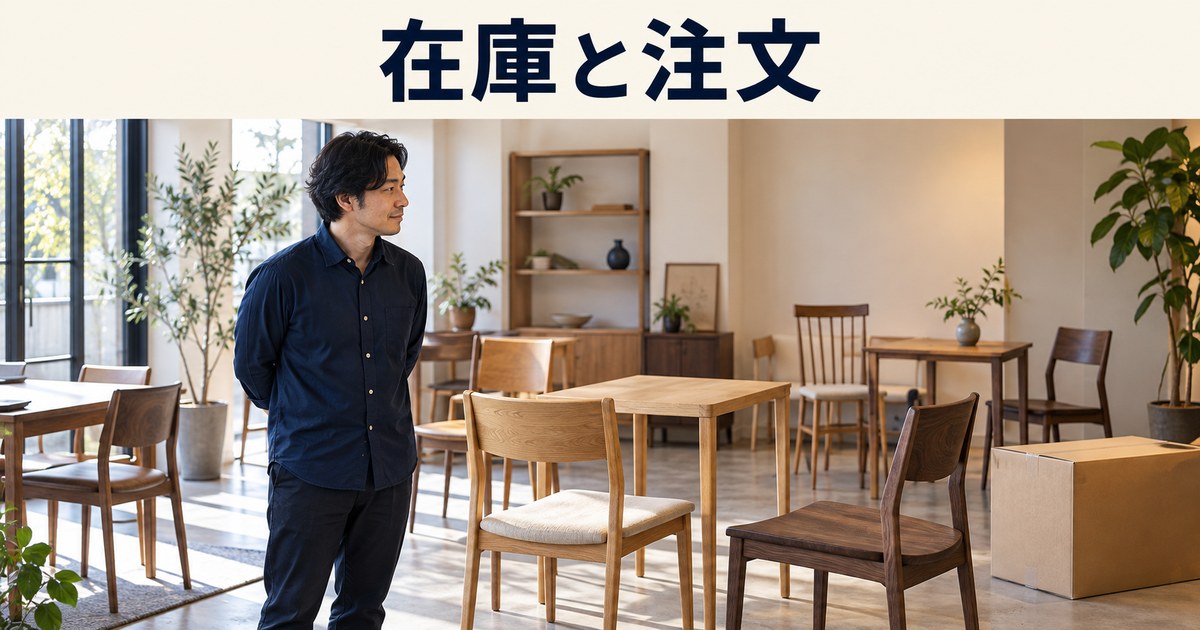 店主が家具の展示と注文の状態を整理するイメージ