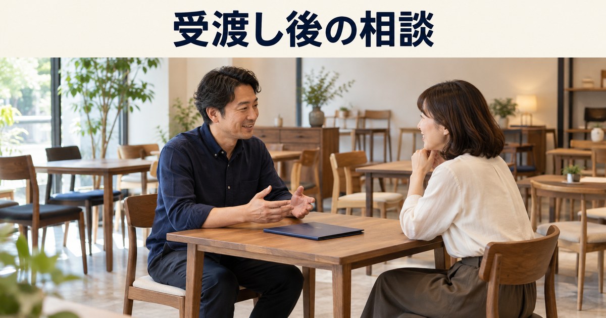 店主と成人客が家具の受渡し後の案内を相談するイメージ