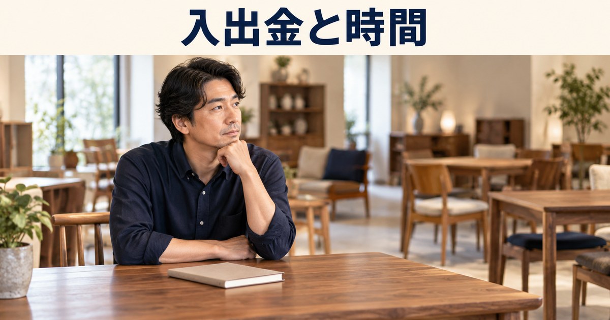 店主が家具店の仕事と入出金を見直すイメージ