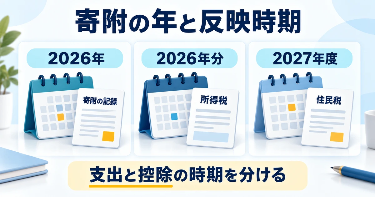 2026年の寄附、2026年分所得税、2027年度住民税を対応させ、支出と控除の時期を分ける図