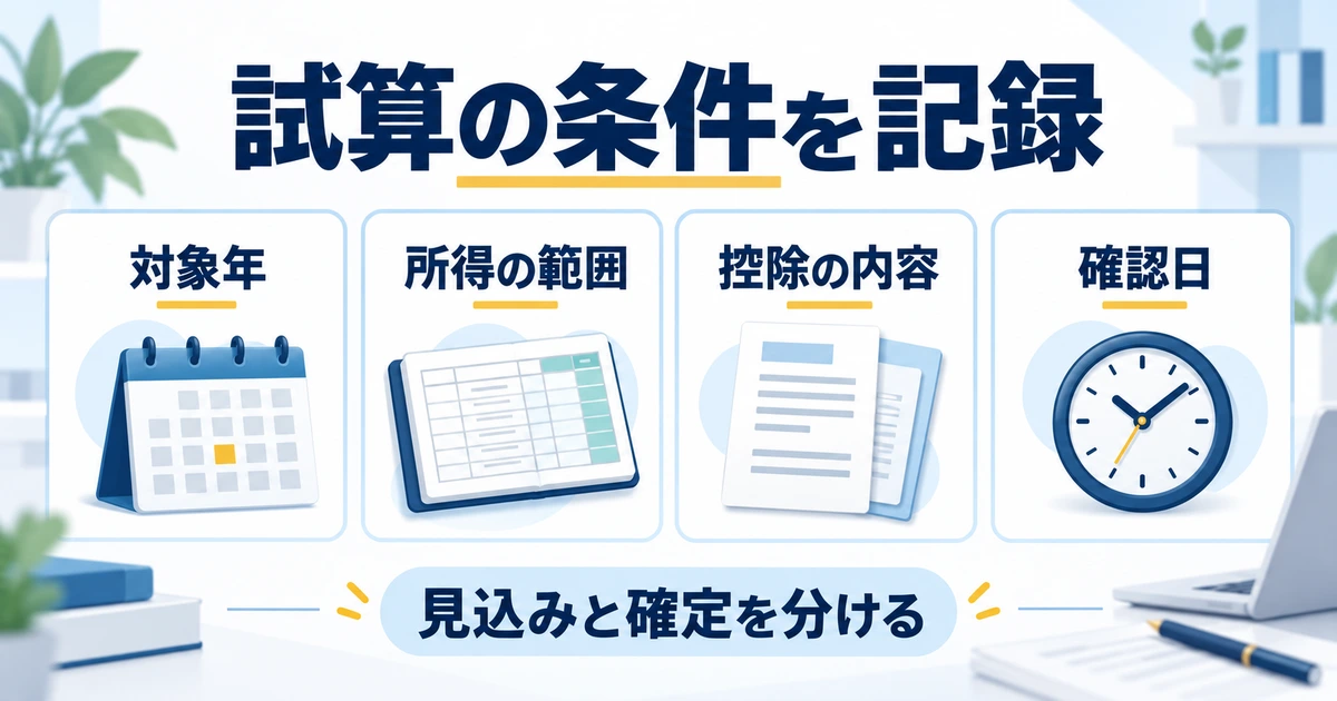 上限試算に使った対象年、所得の範囲、控除の内容、確認日を記録し、見込みと確定を分ける図