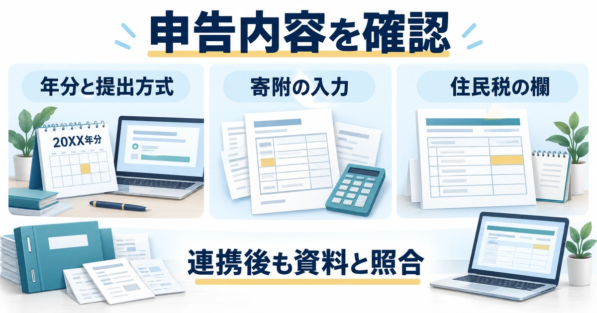 対象年分と提出方式、寄附の入力、住民税の欄を確認し、連携後も資料と照合する図