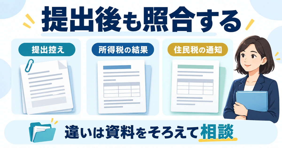 提出控え、所得税の結果、住民税の通知を分け、相違があれば資料をそろえて相談する図