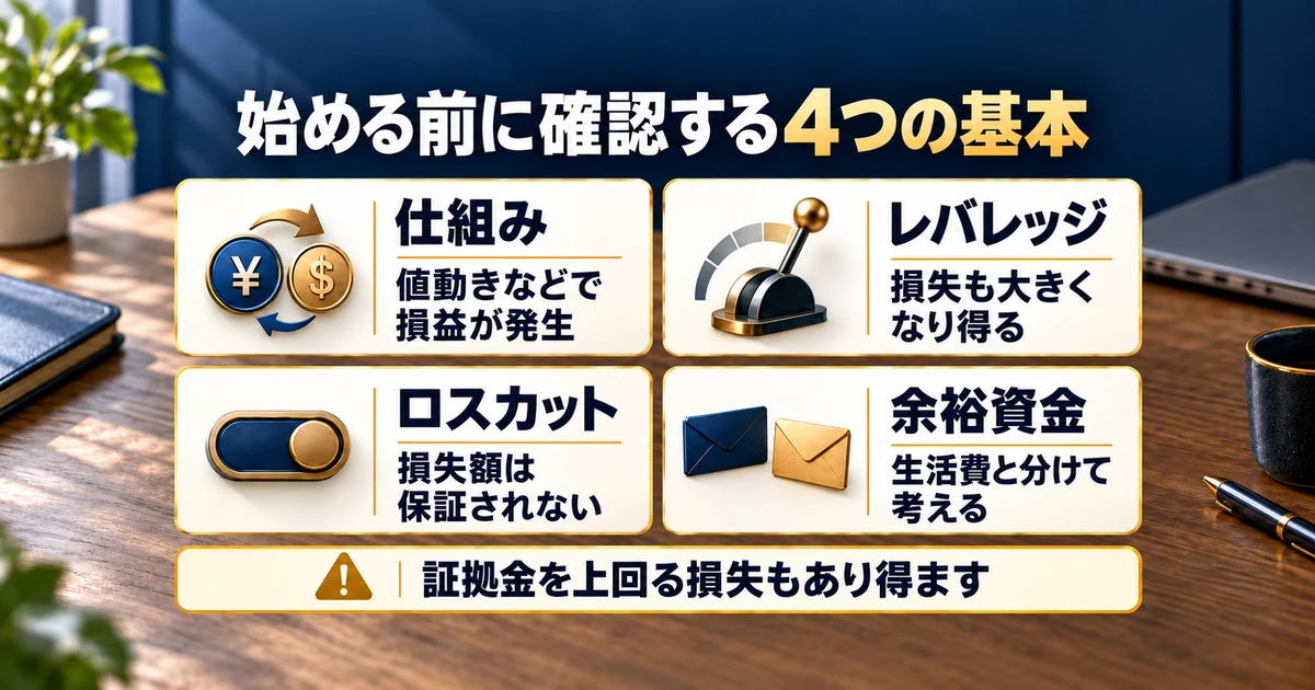 FXの仕組み、レバレッジ、ロスカット、余裕資金の基本と損失への注意