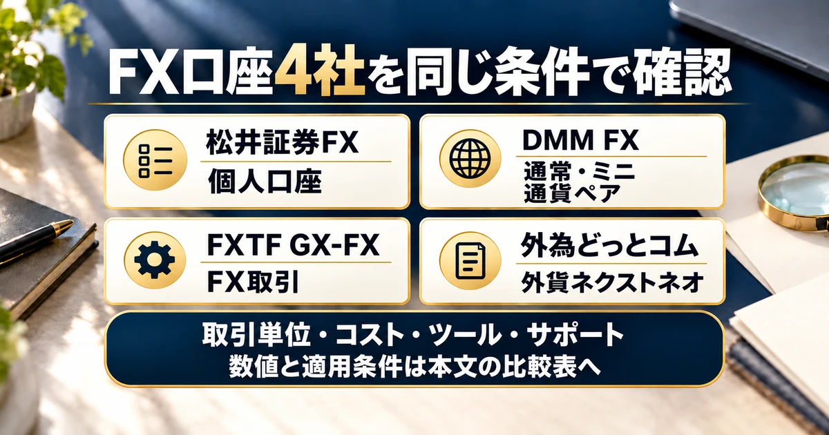 松井証券FX、DMM FXの通常・ミニ、FXTF GX-FX、外貨ネクストネオの比較範囲