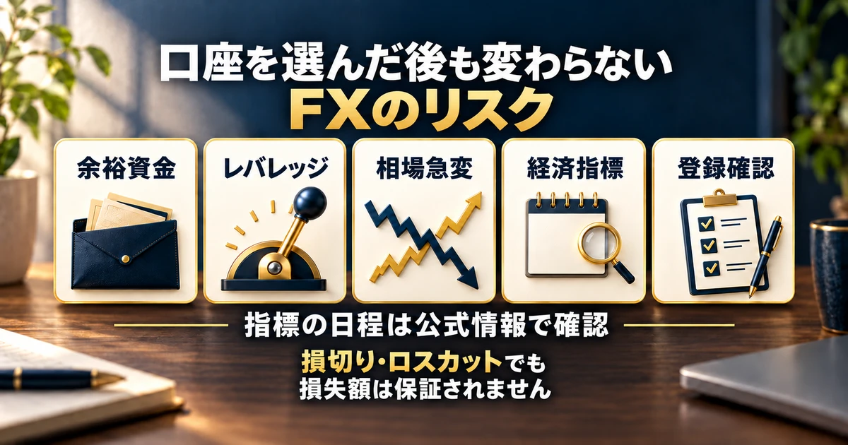 余裕資金、レバレッジ、相場急変、経済指標、登録確認というFXのリスク確認点