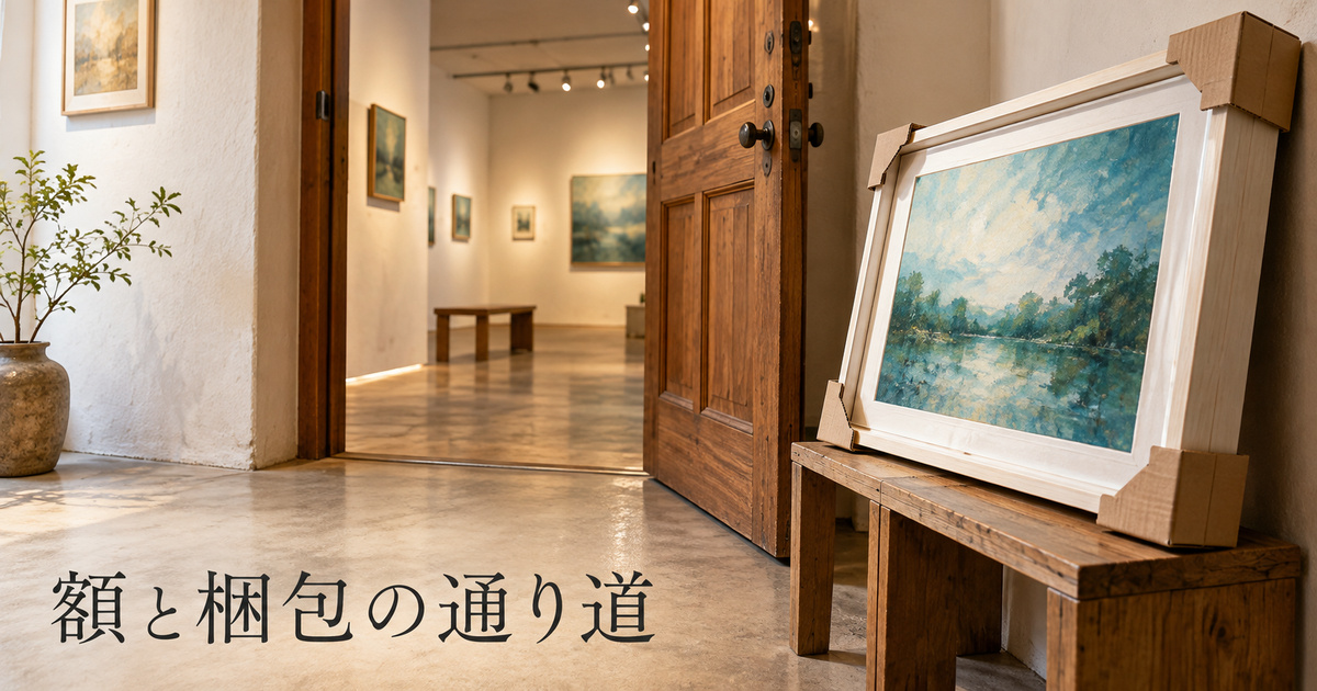 額の外周と角の保護材、展示室への入口を見比べるための生成イメージ。実際の搬入可能寸法を示す図ではありません
