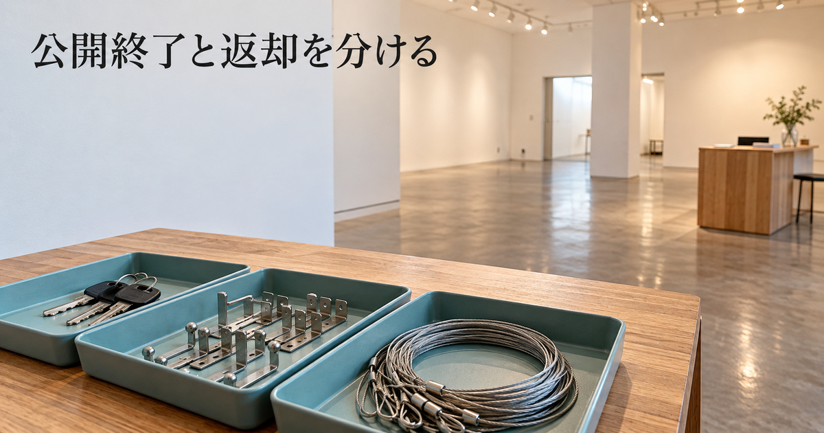 鍵と展示器具、搬出後の会場をそれぞれ確認するための生成イメージ。返却確認済みの実例ではありません