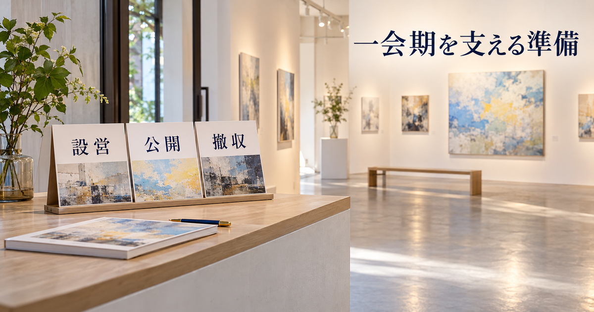 設営・公開・撤収の予定を会場と一緒に確認する生成イメージ。標準会期や作業日数を示す写真ではありません