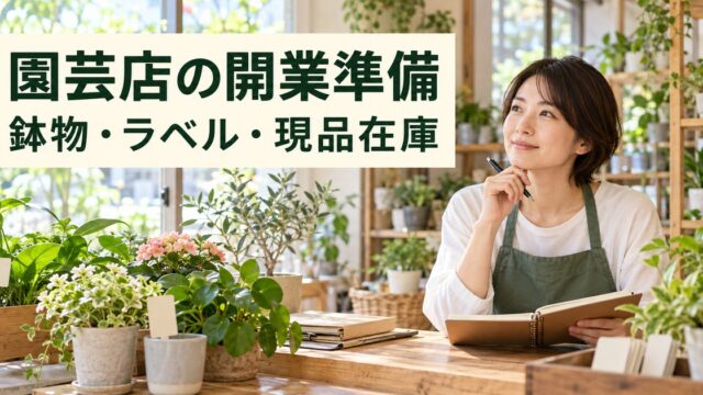 園芸店の開業準備。鉢物のラベルと現品在庫を確かめる店主
