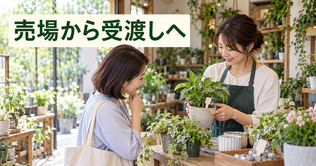 売場で選んだ鉢物と受渡す物を確認する園芸店の接客イメージ