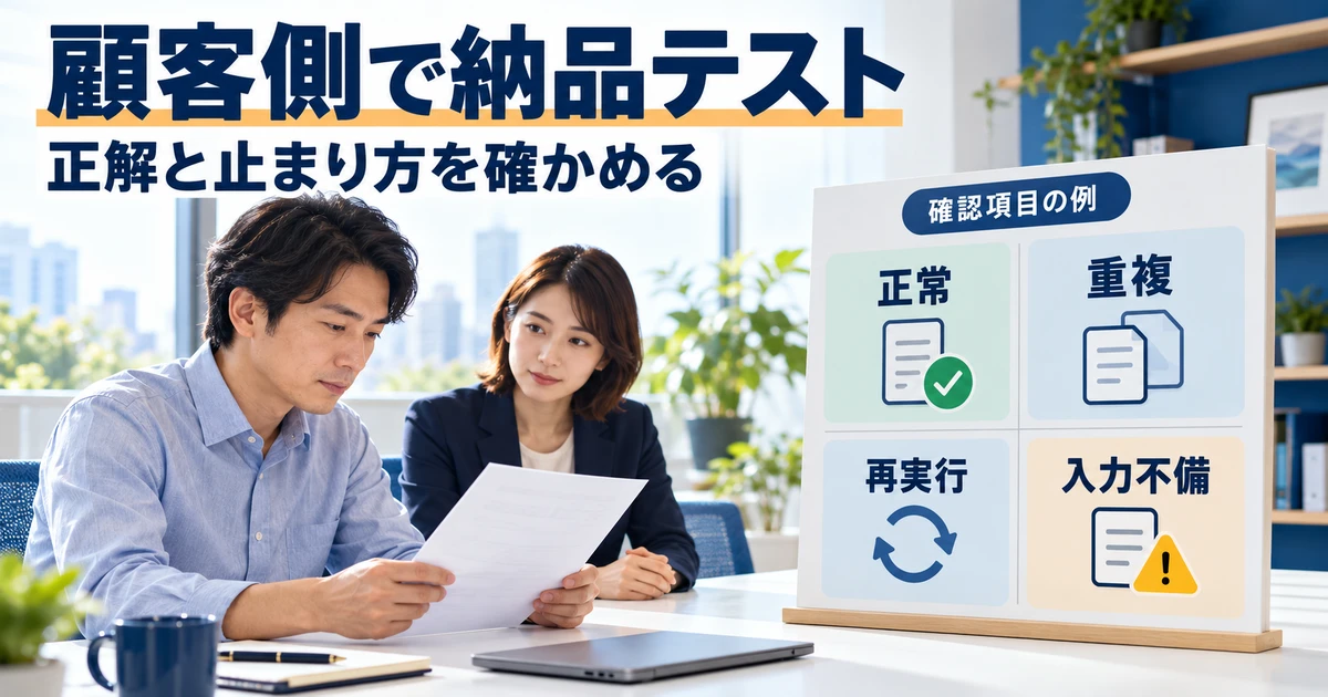 正常入力、重複、再実行、入力不備を顧客側で確認する納品テストの図
