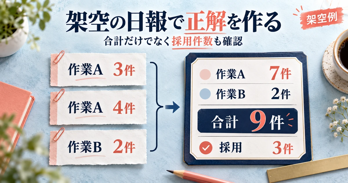 架空の日報の集計結果として作業A七件、作業B二件、合計九件、採用三件を示す図