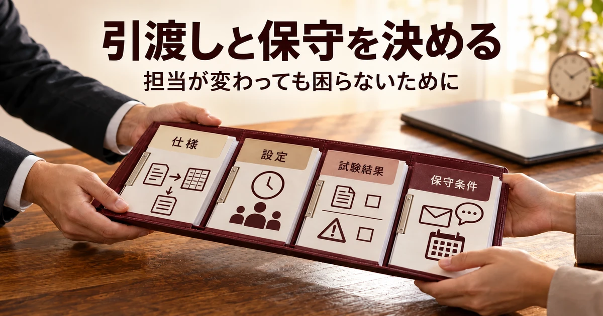 仕様、設定、試験結果、保守条件をまとめて顧客へ渡す納品資料の図