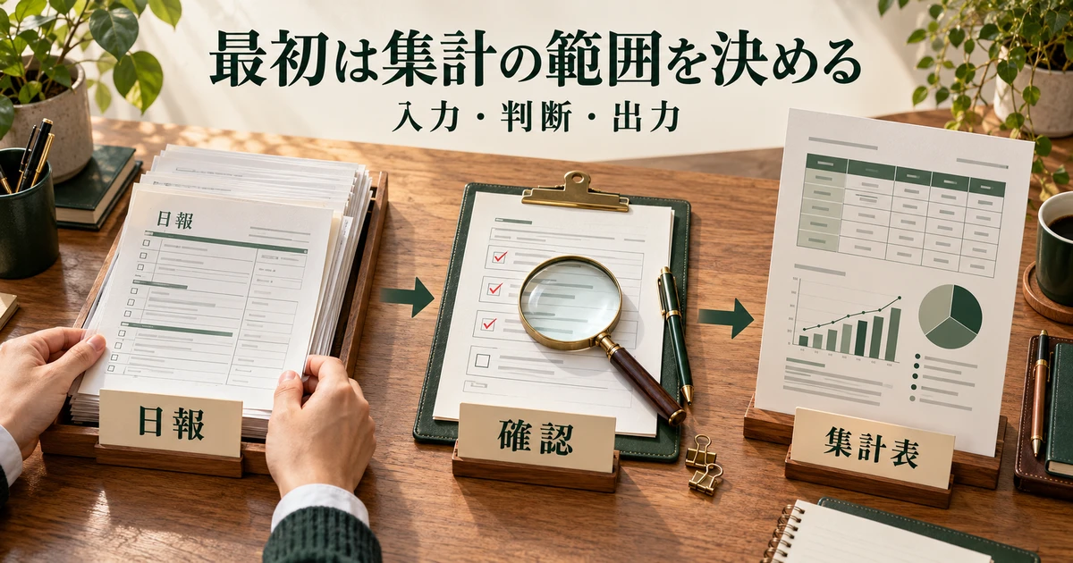 日報の入力、内容の確認、集計表への出力に業務を分ける概念図