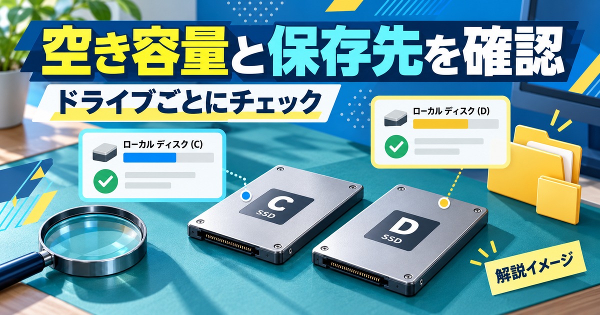 CドライブとDドライブの空き容量を個別に確認する解説図