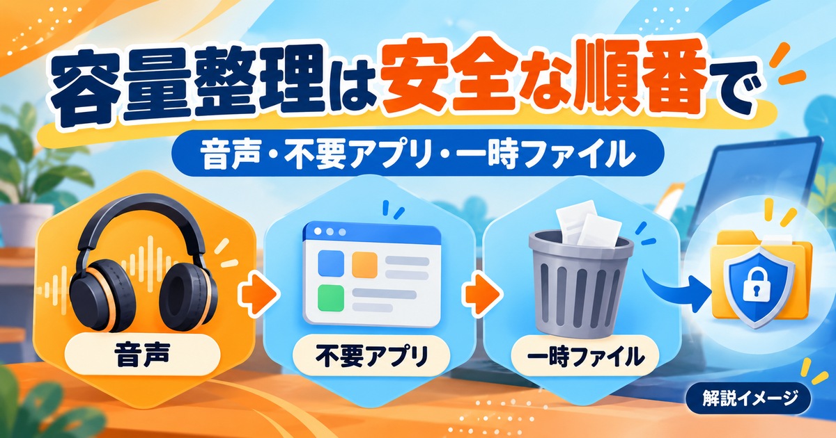 音声・不要アプリ・一時ファイルの順に安全に容量を整理する図