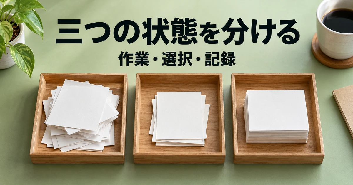 三つのトレーで作業と選択と記録を表す説明用生成画像
