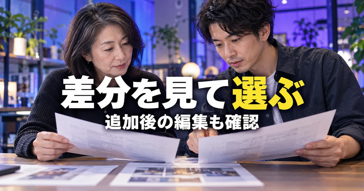 選択した変更と追加編集を比較する二人の説明用生成画像