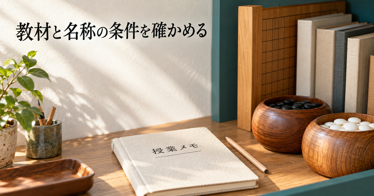 自作の授業メモと収納した小さな碁盤を並べた、教材の条件を確認する架空のイメージ