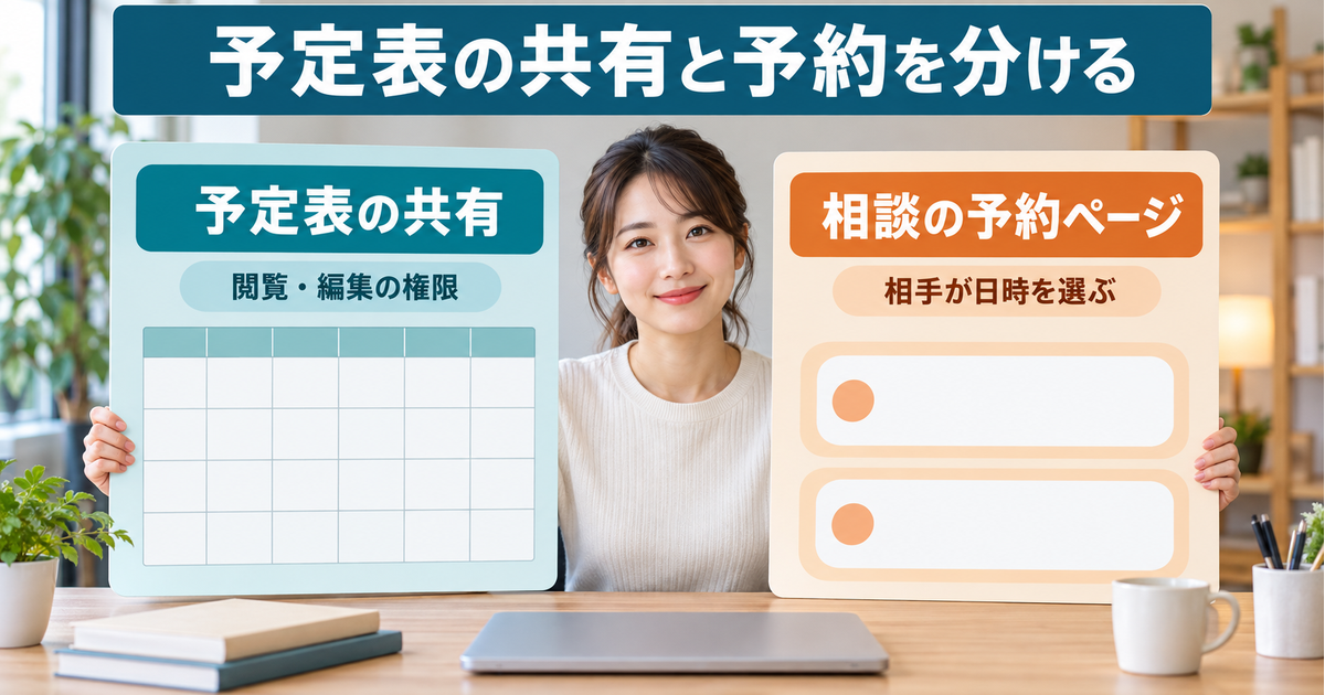 予定表を見せたり編集を任せたりする共有と、相手が日時を選ぶ相談の予約ページを分ける