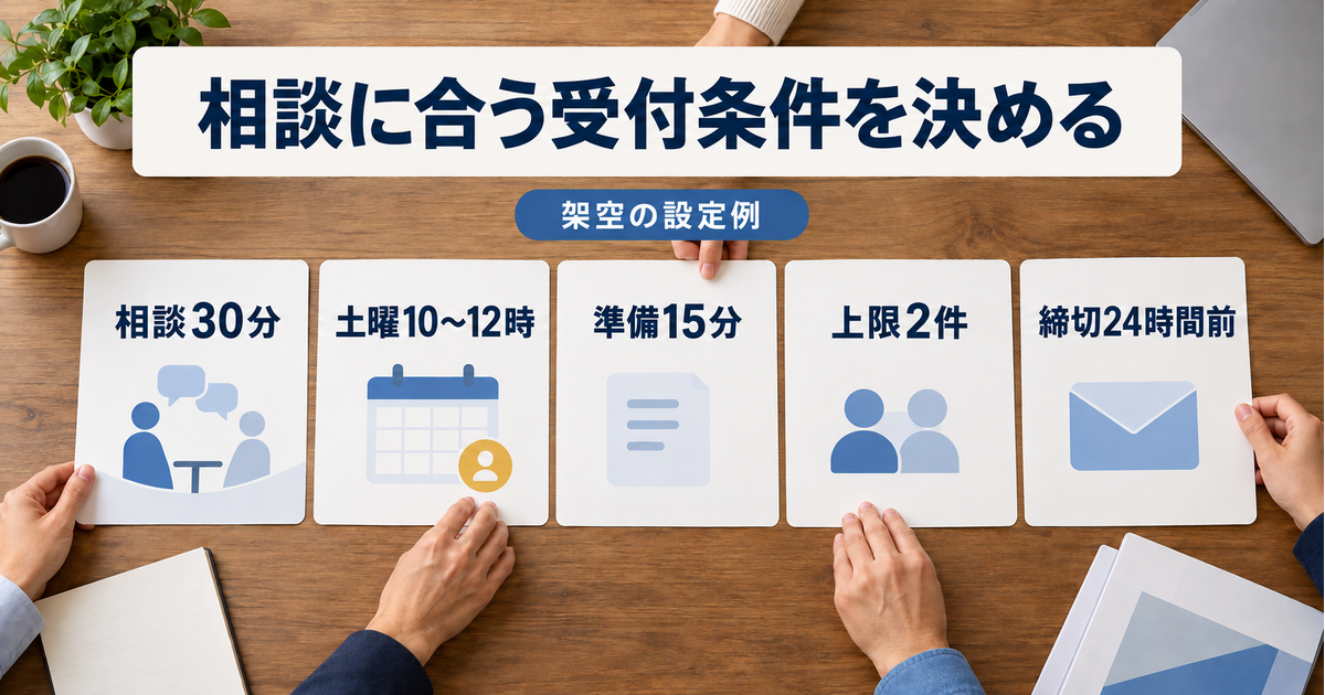 架空の30分相談について土曜10〜12時、準備15分、一日2件、締切24時間前を別の受付条件として示す