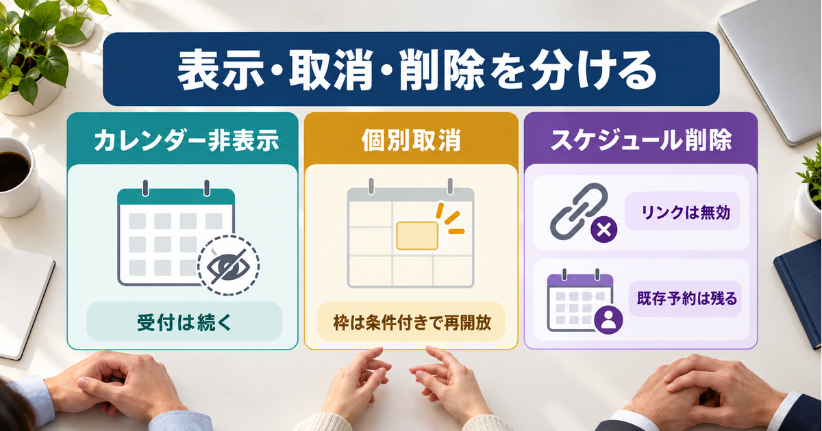 カレンダー非表示でも受付は続き、個別取消の枠再開放には条件が残り、スケジュール削除ではリンクが無効になって既存予約は残ることを比較する