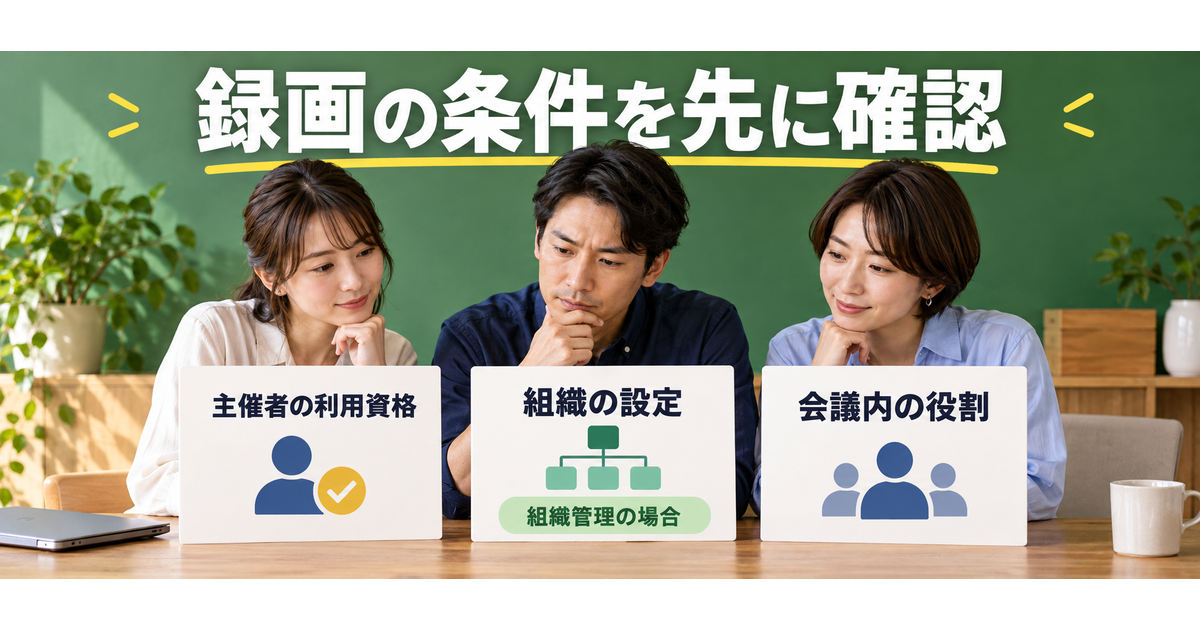主催者の利用資格、組織管理の場合の設定、会議内の役割を確認する