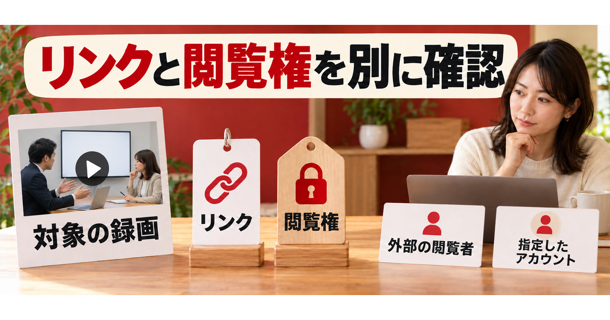 対象の録画のリンクと閲覧権を分け、外部の相手が使う指定アカウントを確認する