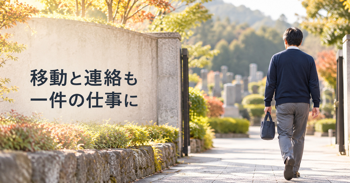 訪問前後の移動と連絡まで含めた墓参り代行の準備を考える架空の場面