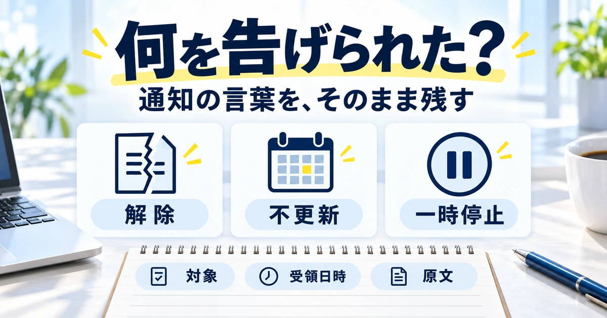 解除、不更新、一時停止の通知と対象・受領日時・原文を整理する図
