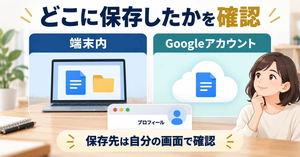 端末内保存とGoogleアカウント保存を並べ、Chromeプロフィールと保存先を確認する図